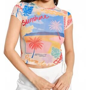 NEW PRETTY GARBAGE novelty print mesh baby crop tee in multi